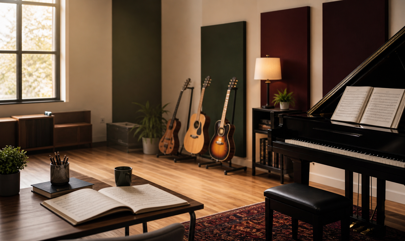 Sala musical con piano, guitarras y partituras